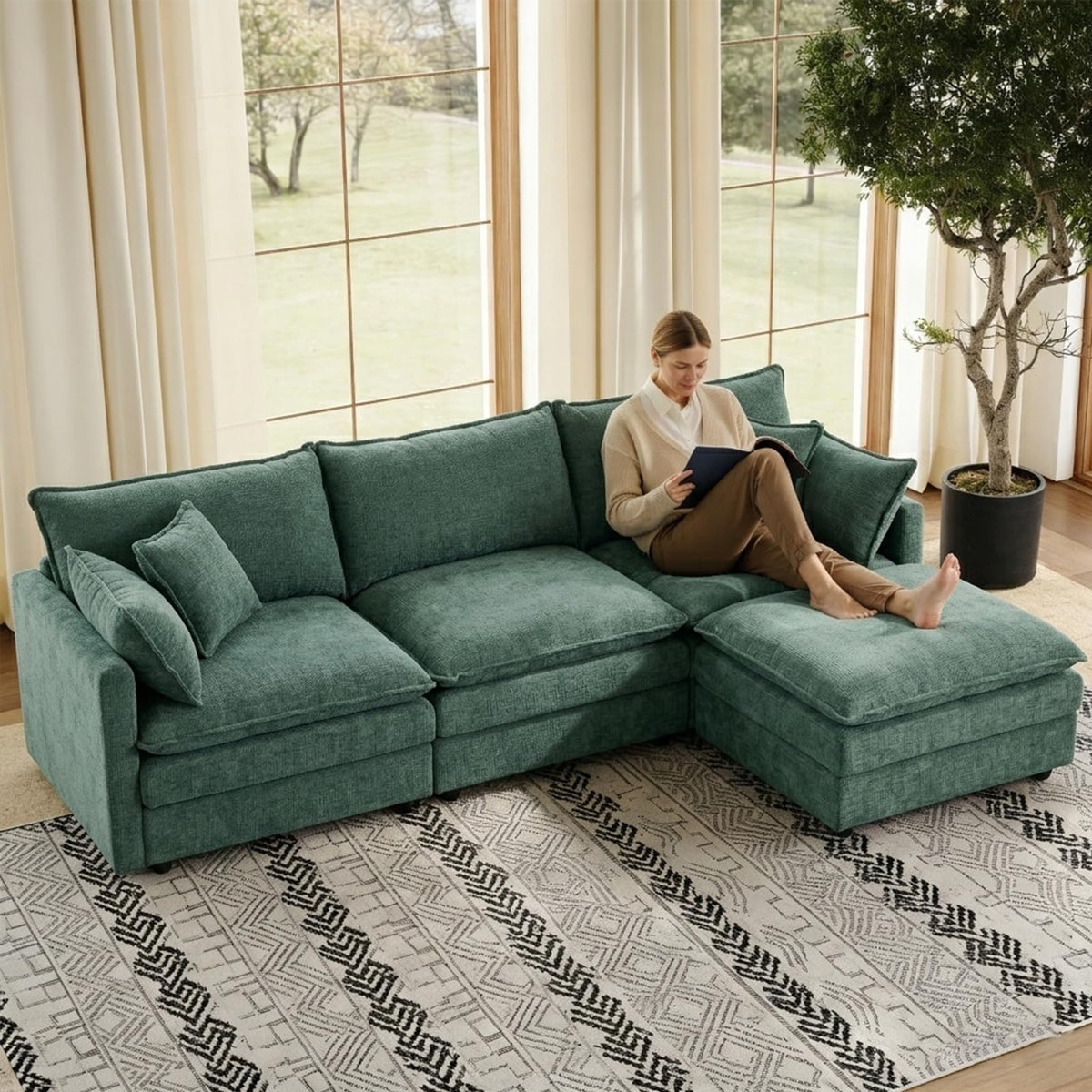 108" Cloud Sectional Sofa, L-Shape Modular Couch with Chaise & Ottoman, Corduroy Fabric, Oversized Deep Seat Sofa, Interchangeable Sections for Living Room or Offices