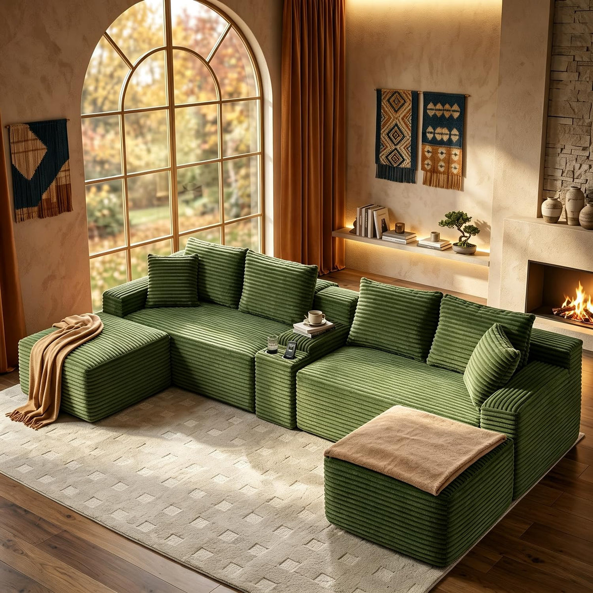 127" U-Shaped Cloud Sectional Modular Boneless Couch with Console，Black