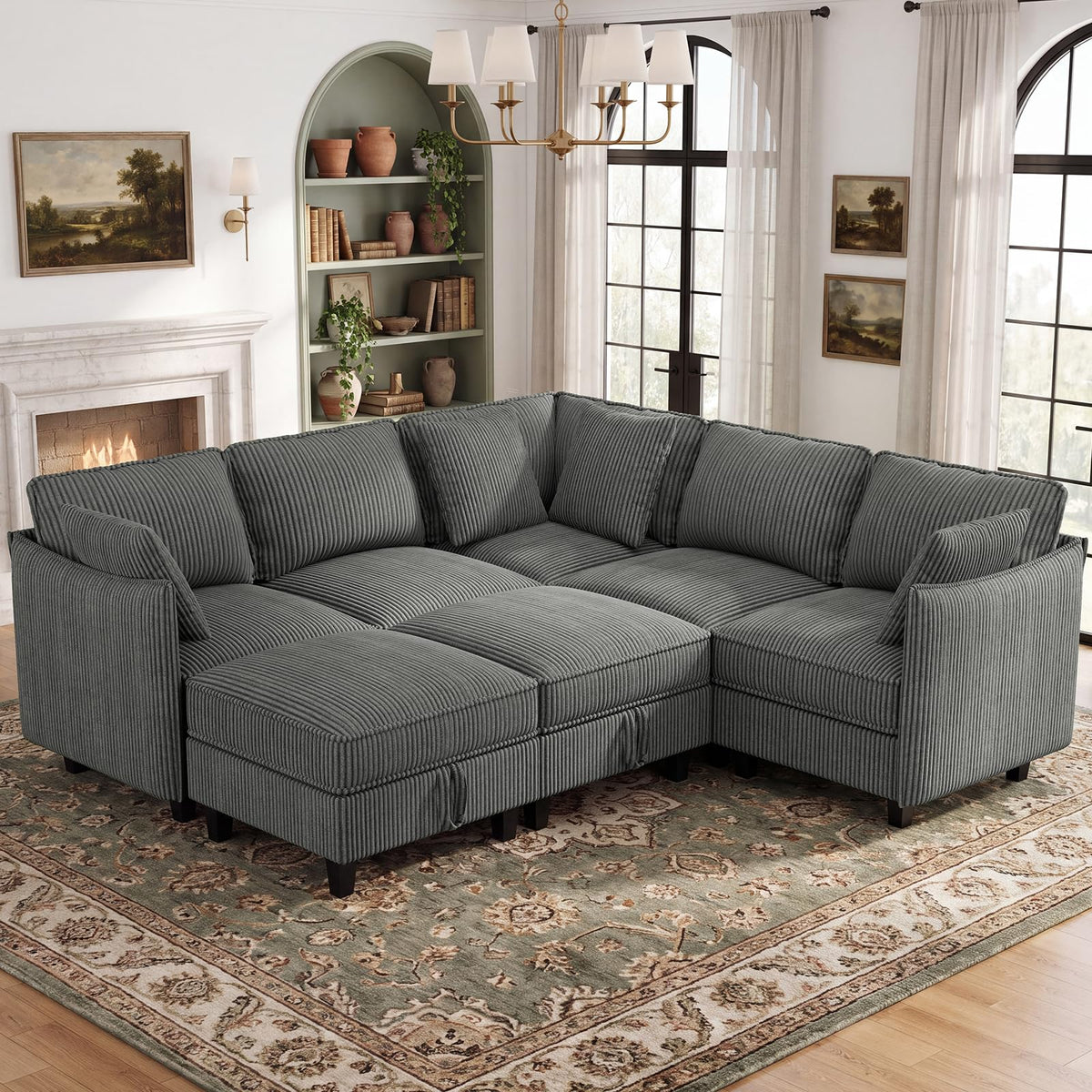 WorthFurni 84.8" Modular Sectional Sofa, 6 Seater Corner Sofa Modern V-Shaped Couch with 1 Storage Ottoman, Comfortable Corduroy Sofa with Throw Pillows for Living Room, Apartment, Green