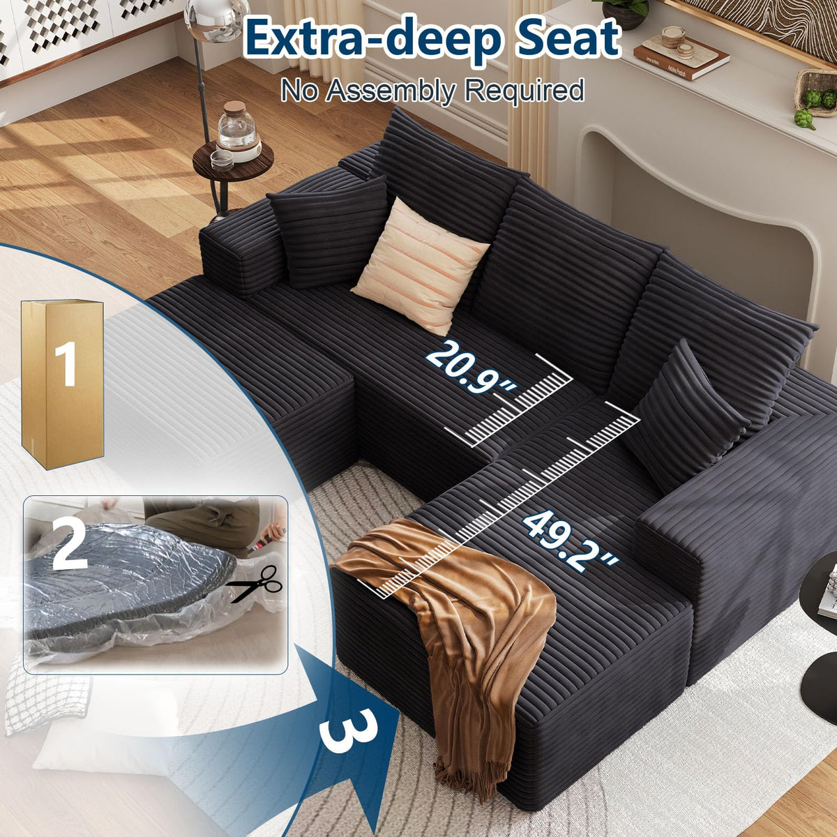 107.5" W Modular Sectional Sofa with Ottoman,Modern Corduroy U-Shaped Cloud Couch with Pillows,Comfy 3-Seater Sofa with Deep-Seat for Living Room, No Assembly Required (Black, Right-Facing Chaise)