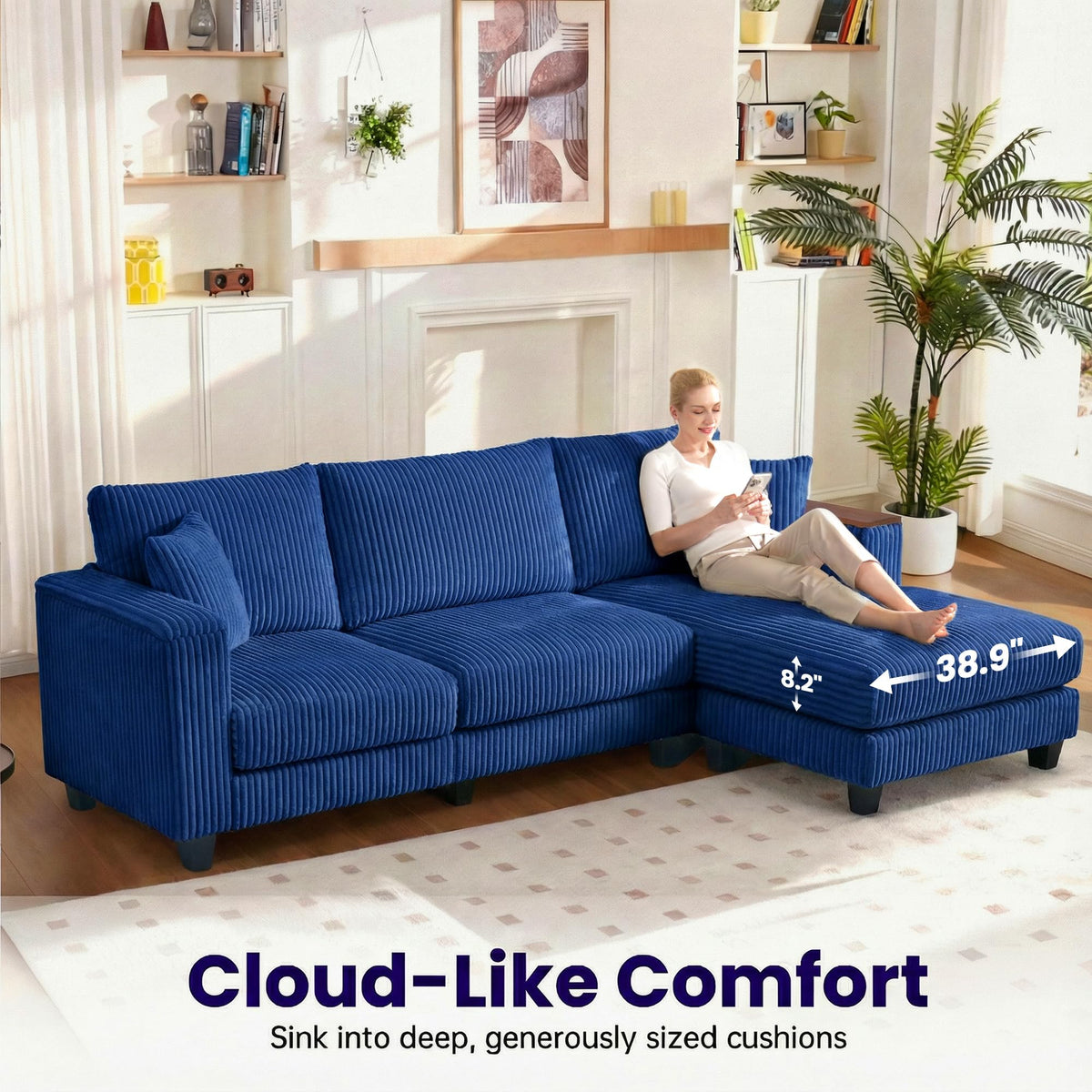 114" Cloud Sectional Couch with L-Shape Reversible Chaise, Modern Corduroy L Shaped Couch with 2 Pillows & Storage Armrests, 4 Seater Sectional Couches for Living Room, Plush Corduroy, Blue