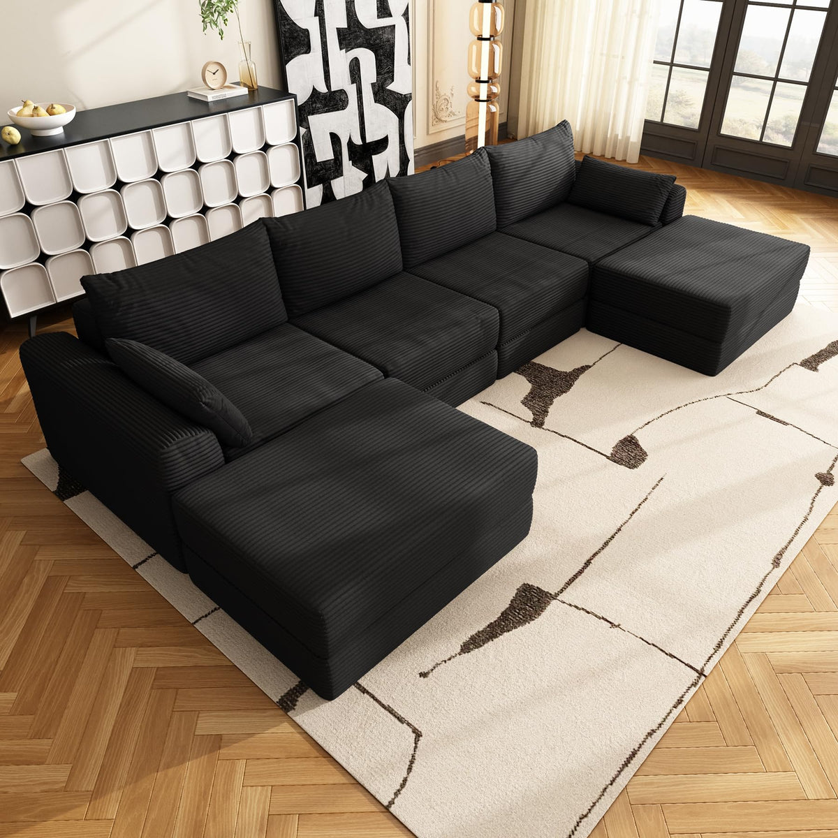 130 Inch Modular Cloud Sectional Sofa, 6 Seater Freely Combined Convertible Sofa with Ottoman, No Installation Compressed Floor Sofa, Soft Memory Foam Cushion for Living Room Apartment, Black