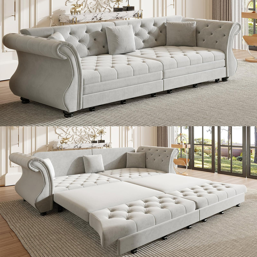 Velvet Pull-Out Sofa Bed, 3-in-1 Convertible Sleeper Sofa with Pillows, Button Tufted Chesterfield King Size Couch for Small Spaces & Apartments (Beige, 97.6")