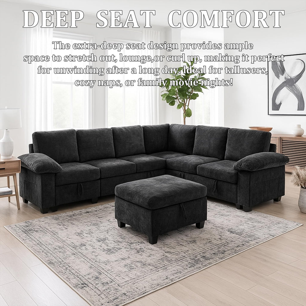 109" Modular Sectional L Shaped Sofa with Pull Out Bed, Sectional Sleeper 7 Seat Couch with Storage, Modern Chenille Convertible Sofa Bed, Sectional Couches for Living Room, Black