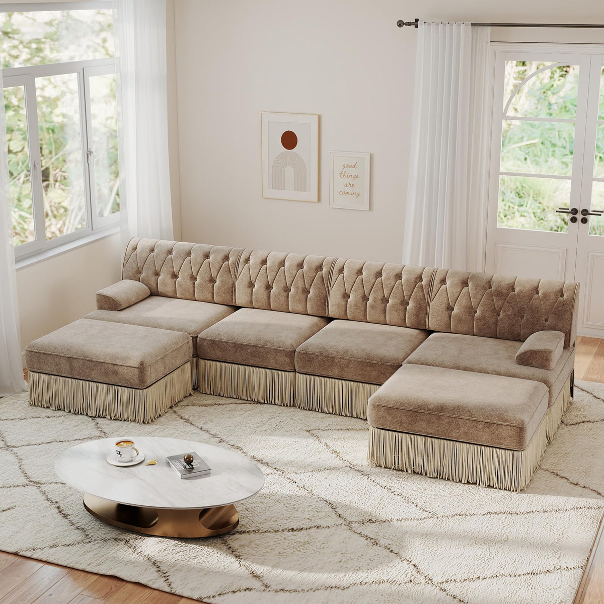 Unique Chesterfield Style Modular Sectional Sofa, 135.6” L-shaped Boneless Sofa with Velvet Fabric, Floor-grazing Tassel Fringe Skirt and Button Tufted Design for Living Room, Easy to Assemble, Beige