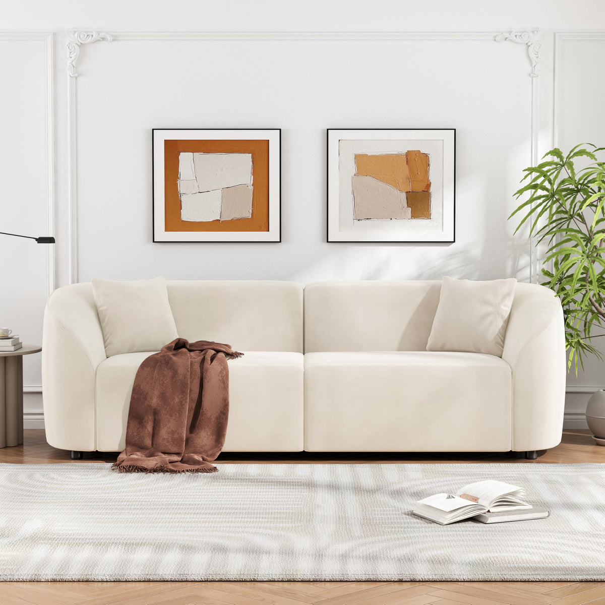 110" Sectional Sofa Round Curved Couch, Modern 4 Seat Sofa with Wood Grain Chenille Fabric, Comfy Deep Seat Sponge Couch with 4 Pillows for Living Room, White
