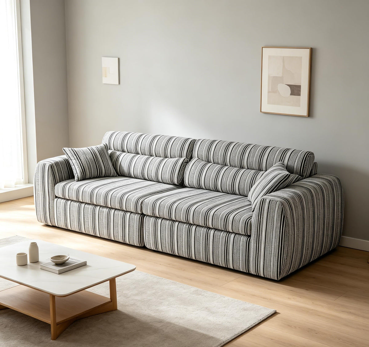 Woven Chenille Striped Sofa, Compact Straight Row Couch with High Density Sponge, No Assembly Space Saving Compression Sofa for Living Room Apartment Office (Bumblebee Stripe)