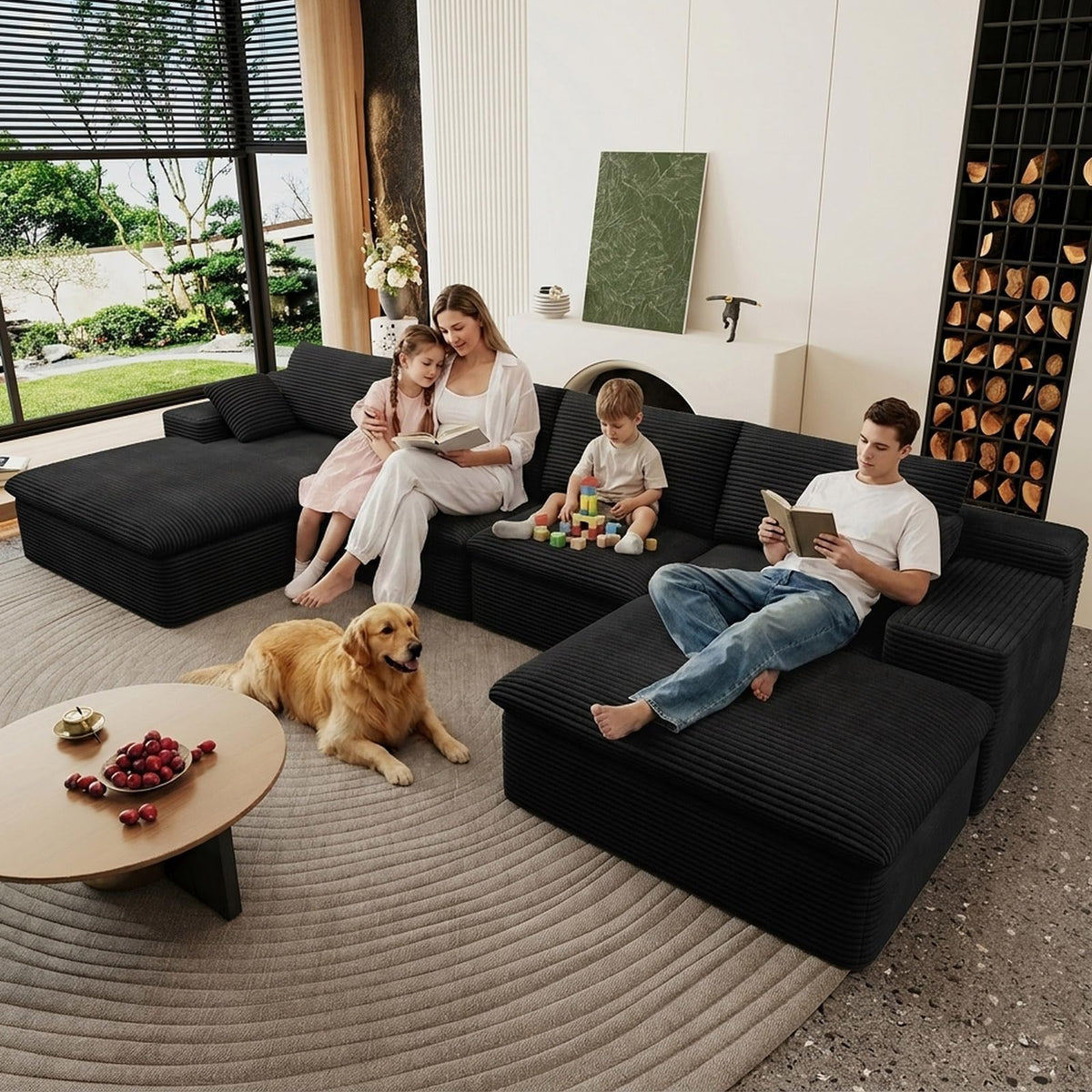 107" Cloud Couch Modular Sectional Couchs with Chaise Lounge, U-Shape Boneless Couches with Ottoman for Living Room, Corduroy Sofa with Deep Seat, No Assembly Required (Green, Left Facing Chaise)