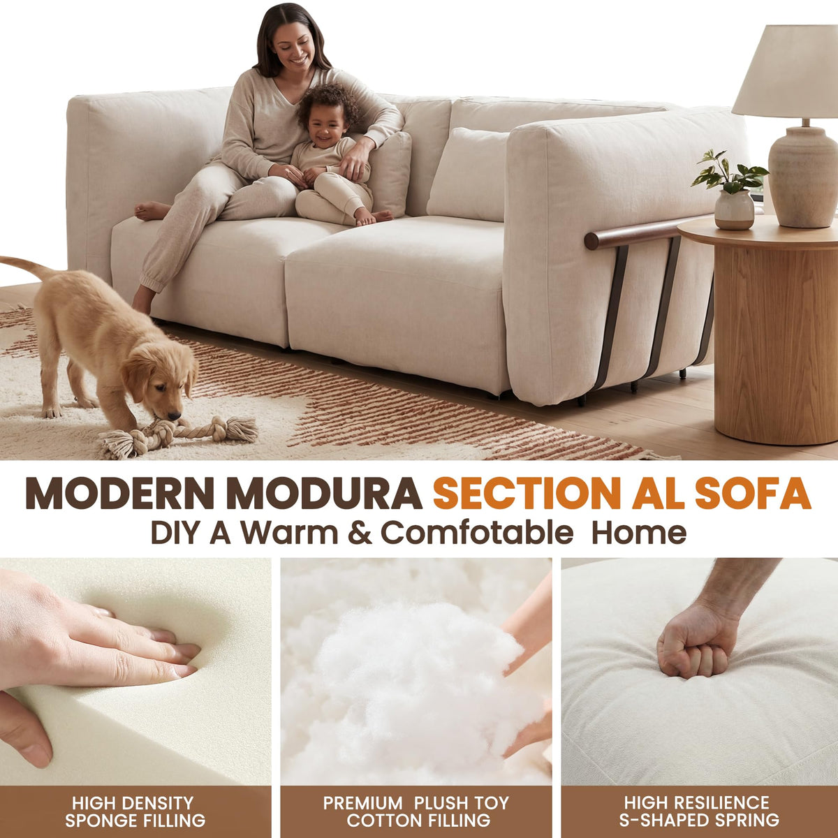 Ya-Home Modular Sectional Sofa Couch, Modern L Shaped 3 Seat Sectional Couches with Movable Ottoman, Chenille Upholstered Cloud Comfy Sofa Couches with Solid Wood Frame for Living Room, Beige