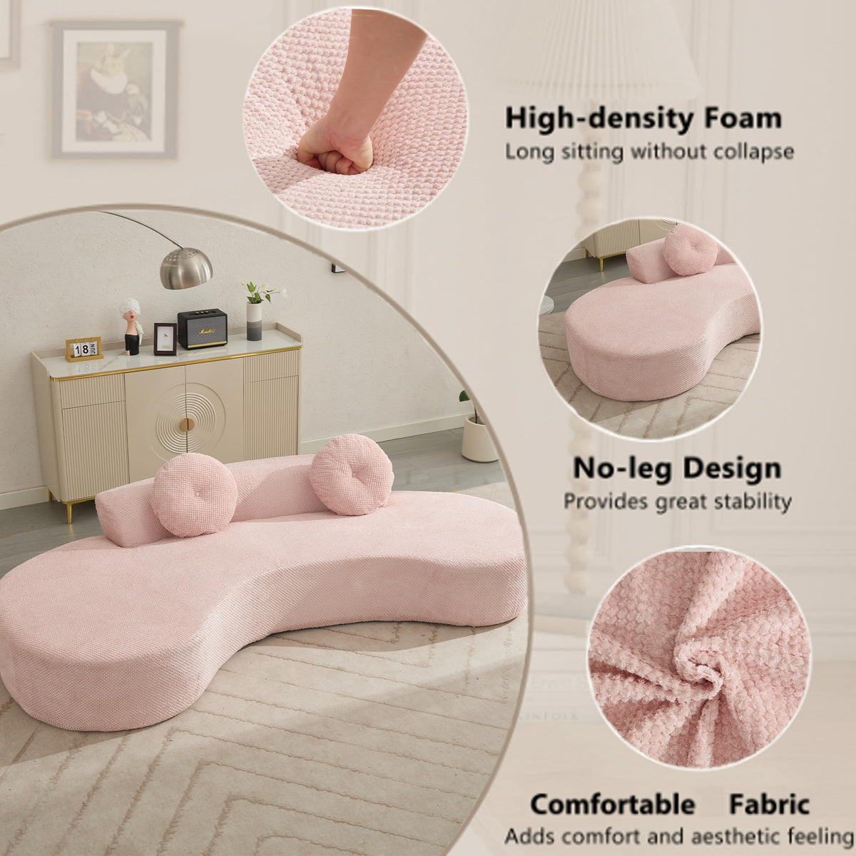 105.5''Curved Sofa, Sofa, Cloud Couch Sofa 3 4 Seater Couch with 2 Pillows,Bedroom, No Assembly Required, Point Shaped Corduroy,(Anti Wrinkle),Pink TJ275