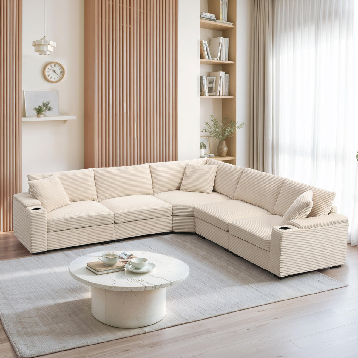 119*67" U Shaped Sectional Sofa,6 Seat Chenille Corner Couch Set with Oversized Chaise Lounge,Irregular Corner, Deep and Wide Seat Comfy Sofa with Cup Holders for Living Room,Apartment (Beige-V33)