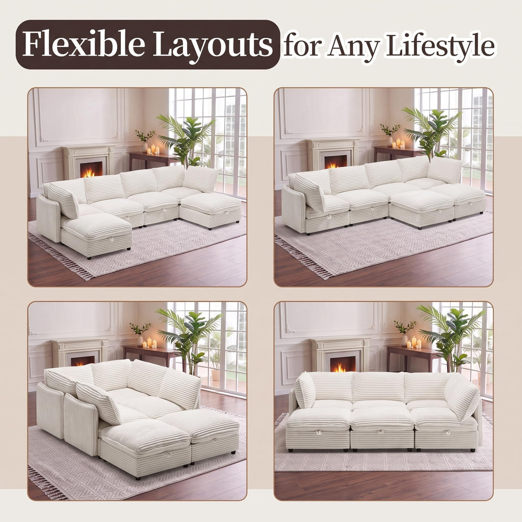 125" Modular Sectional Sofa with Under-Seat Storage, 6-Seater, White