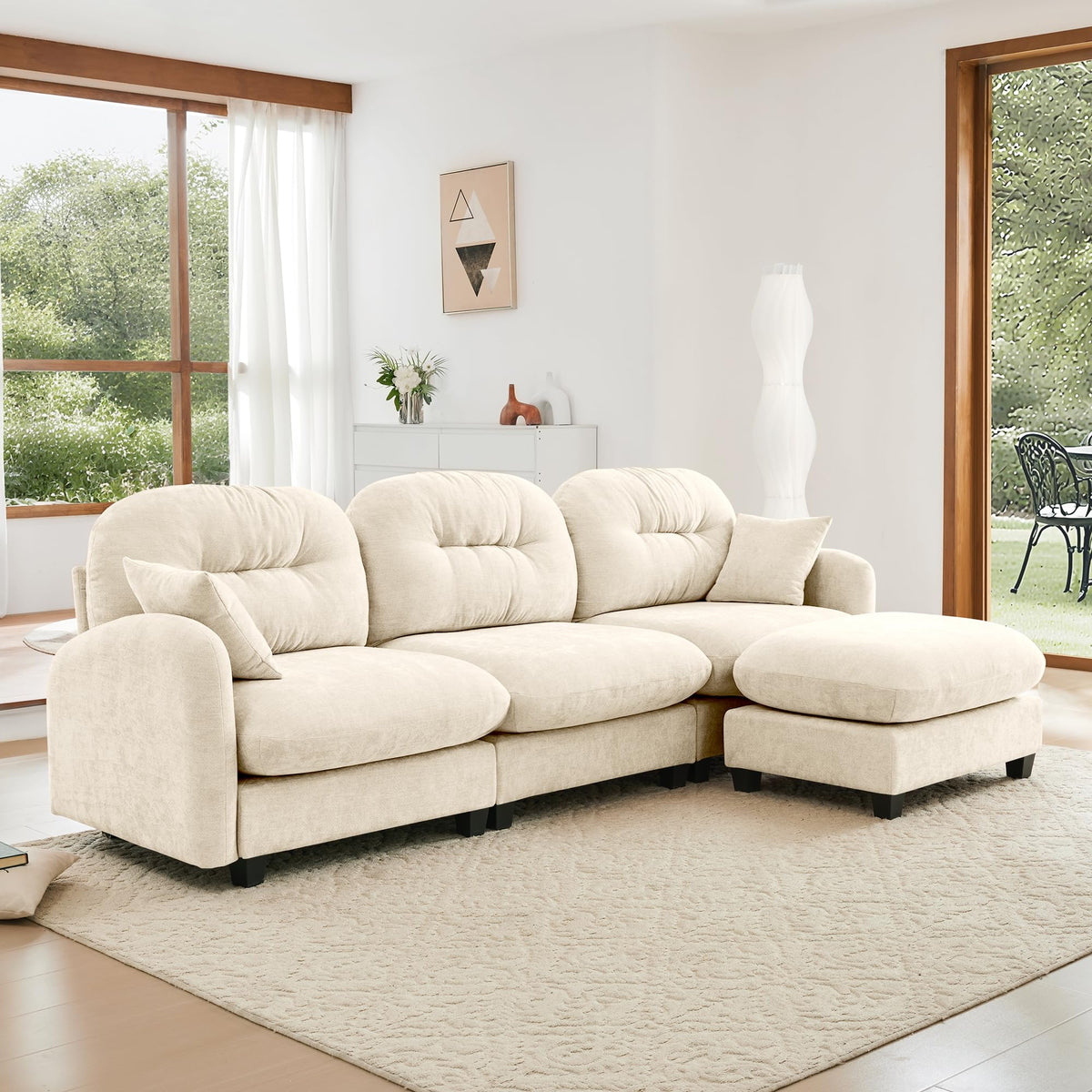 Tidyard Modular L-Shaped Sectional Couch with Ottoman, Beige Chenille Fabric, Tufted Backrest, Ergonomic Design for Living Room, Bedroom or Reading Nook