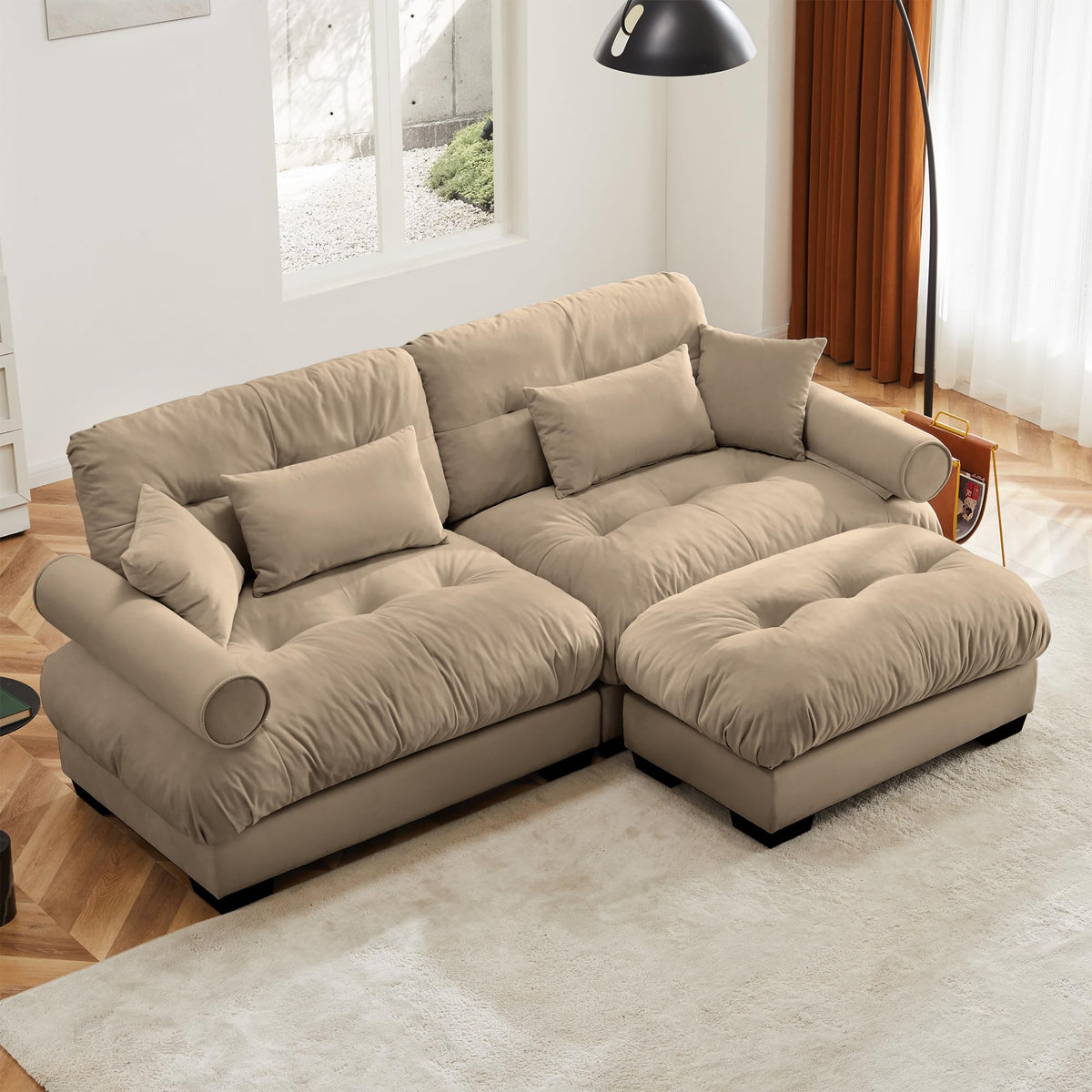 130" Modular Sectional Sofa,Velvet Upholstered Couches for Living Room,3 Seater Green Sofa Couch with Movable Ottoman,Big Comfy Loveseat Sofa with Deep Seats for Living Room,Apartment,Bedroom