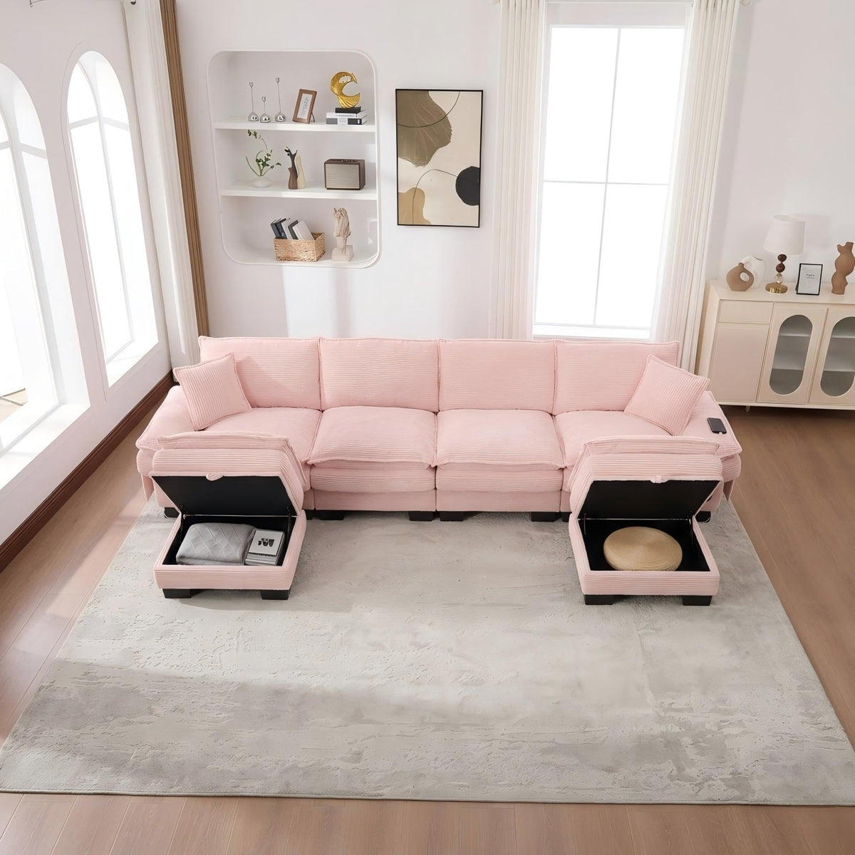 130" Oversized Modular Cloud Sectional Sofa Convertible U/L Shaped Couch Sets for Living Room - 6 Seater Corduroy Cloud Cushion Couches with Storage Ottomans and Pillow Armrest