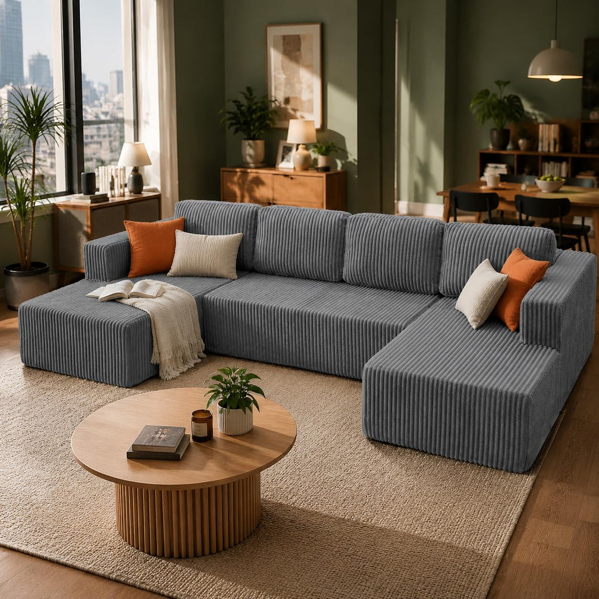 U Shape Modular Sofa Grey Corduroy 5 Seat Storage Space