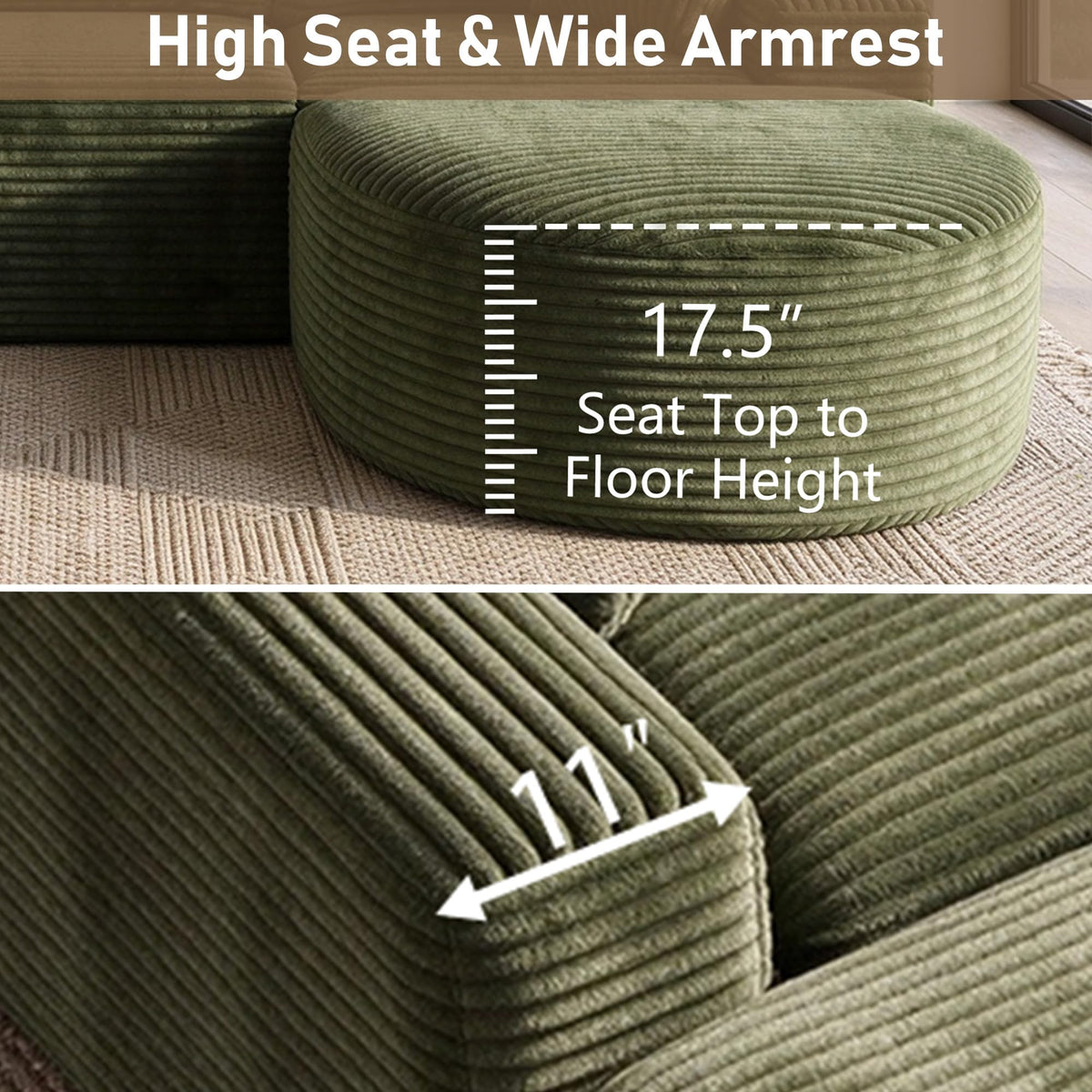 107" U Shaped Modular Boneless Sectional Sofa with 2 Curved Ottomans, Green