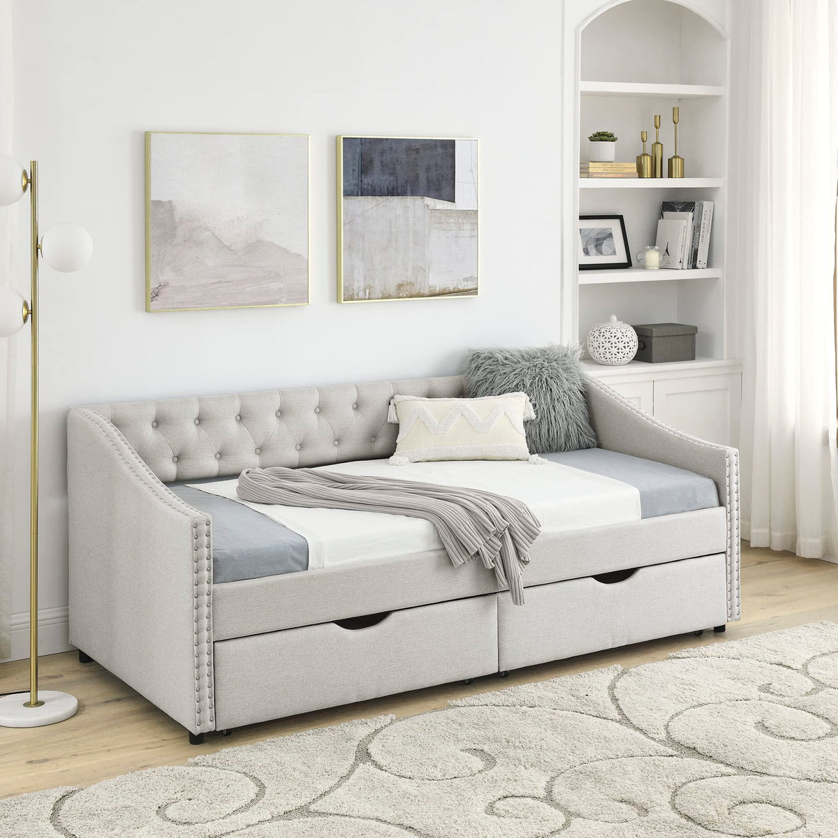 Versatile Daybed with Pull-Out Trundle, Textured Fabric Upholstery