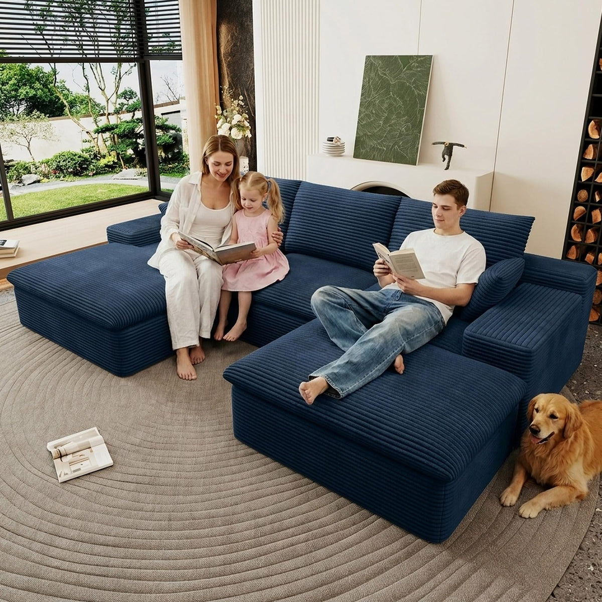 107" Cloud Couch Modular Sectional Couchs with Chaise Lounge, U-Shape Boneless Couches with Ottoman for Living Room, Corduroy Sofa with Deep Seat, No Assembly Required (Green, Left Facing Chaise)