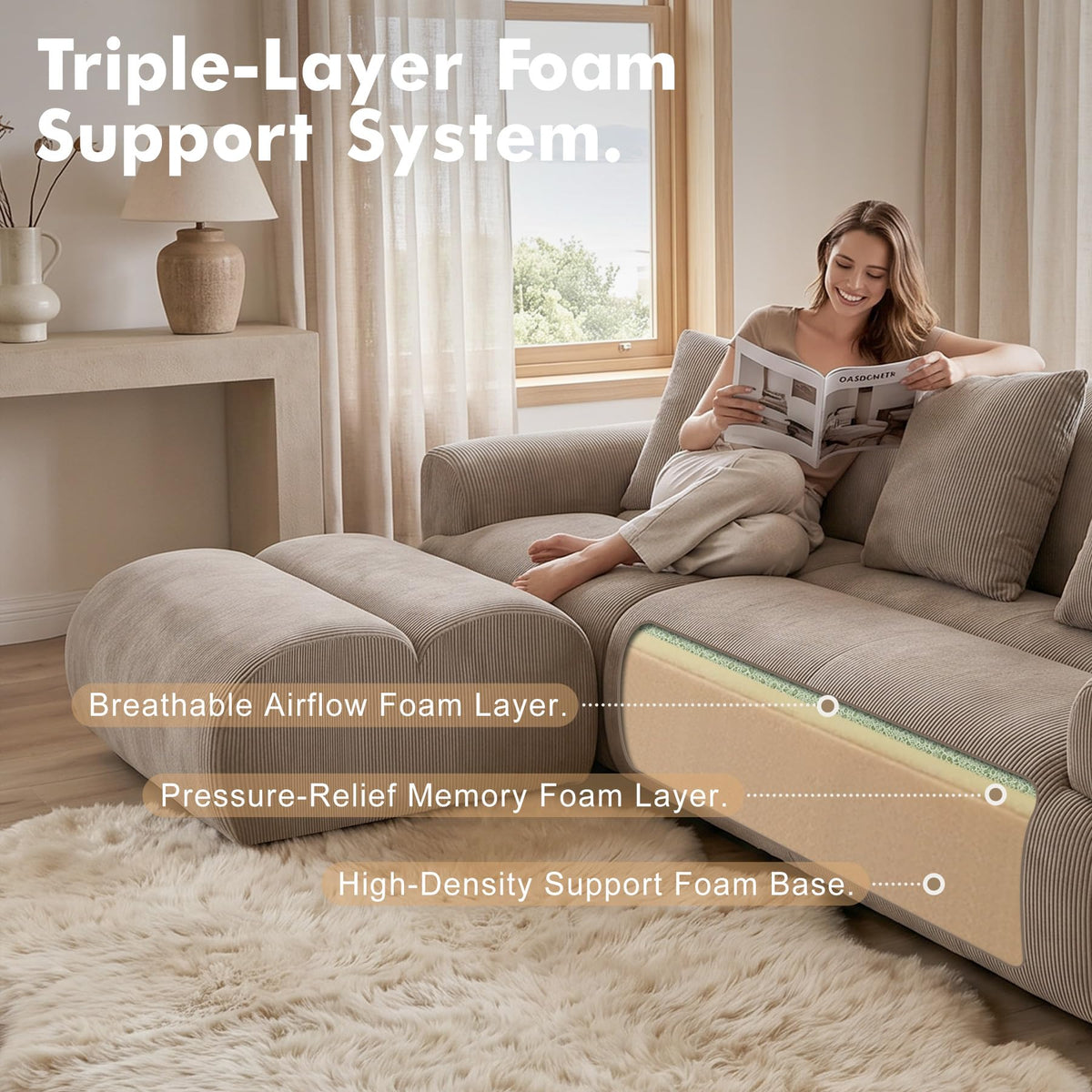 108" Curved Modular Sectional Sofa, Brown Boneless Couch with Ottoman, Corduroy Memory Foam L-Shaped Low Profile Sofa, No Assembly