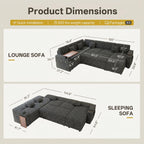 100" Modular Sectional Sleeper Sofa with Pull Out Bed, 7 Seat Corduroy U Shaped Couch with Storage Chaise|6-Position Backrest|Side Table|USB Port, Dark Grey Sectional Couches for Living Room