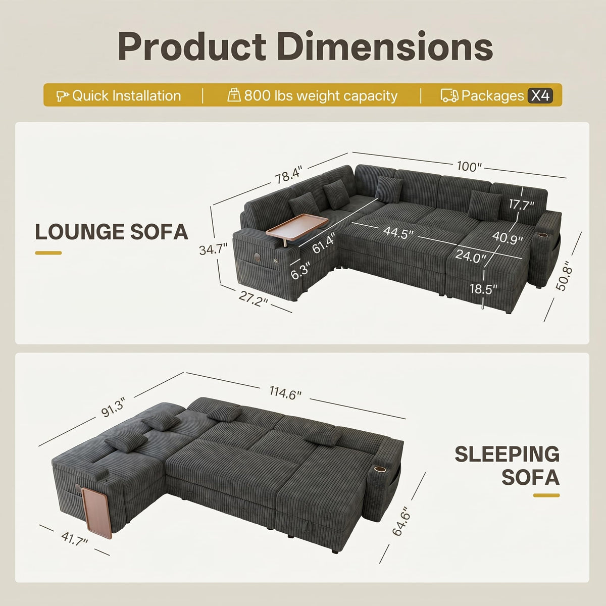 100" Modular Sectional Sleeper Sofa with Pull Out Bed, 7 Seat Corduroy U Shaped Couch with Storage Chaise|6-Position Backrest|Side Table|USB Port, Dark Grey Sectional Couches for Living Room