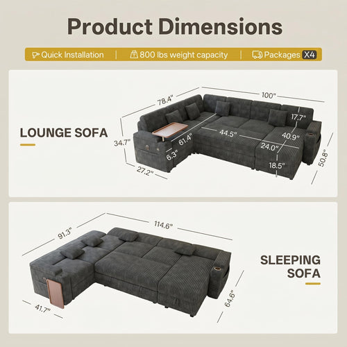 100" Modular Sectional Sleeper Sofa with Pull Out Bed, 7 Seat Corduroy U Shaped Couch with Storage Chaise|6-Position Backrest|Side Table|USB Port, Dark Grey Sectional Couches for Living Room
