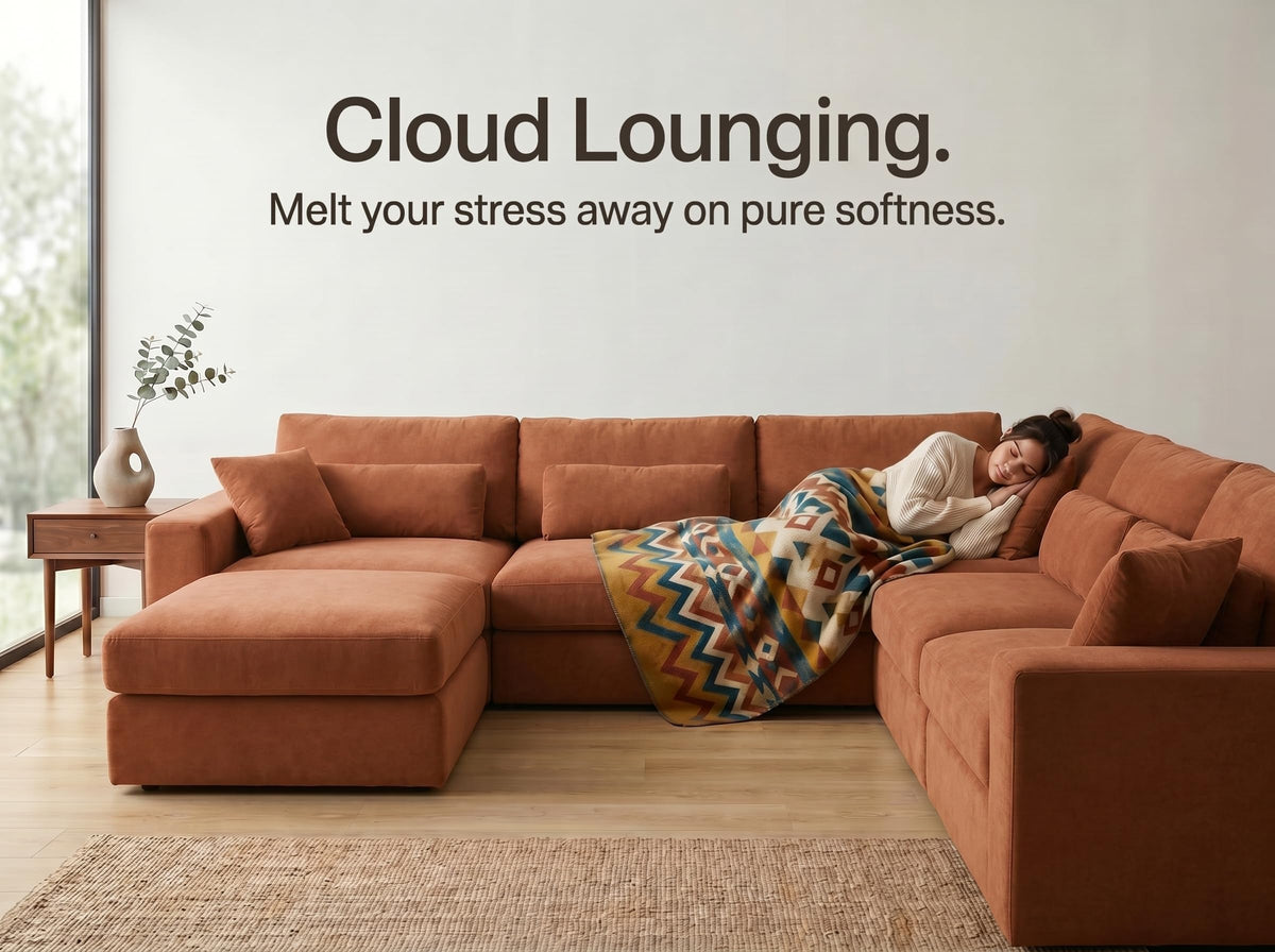 Vipbear 160" Oversized Modular Sectional Sofa, Boneless Couch for Living Room, Modern Comfy 7 Seat V Shaped Cloud Couch Sectional with Ottoman, Lumbar Pillows, 26.8" Extra Deep Seat,Terracotta Orange