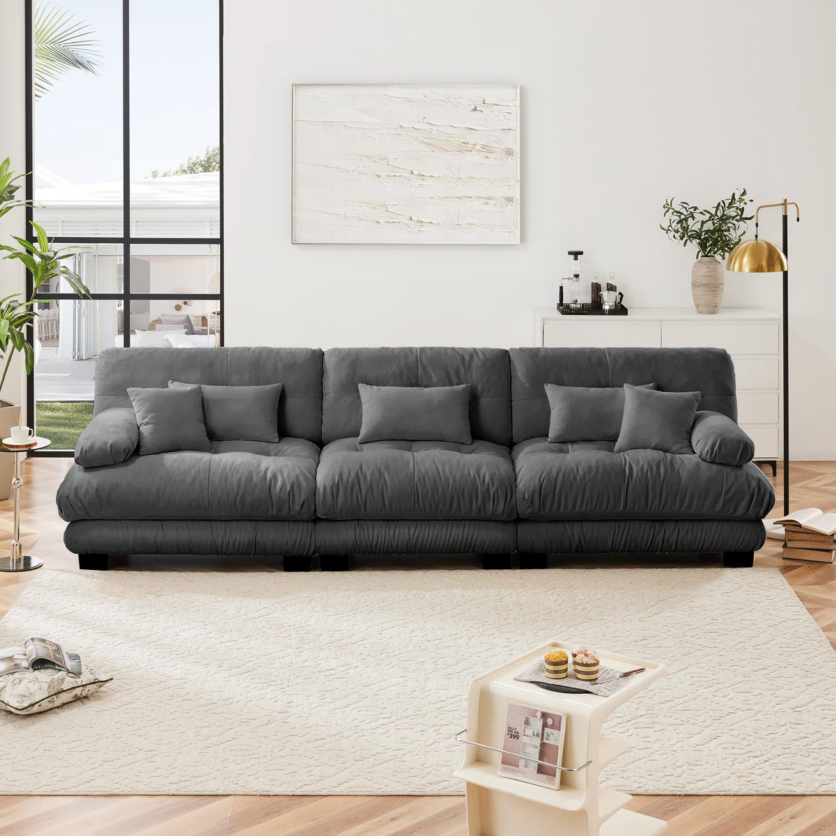 130" Modular Sectional Sofa,Velvet Upholstered Couches for Living Room,3 Seater Green Sofa Couch with Movable Ottoman,Big Comfy Loveseat Sofa with Deep Seats for Living Room,Apartment,Bedroom