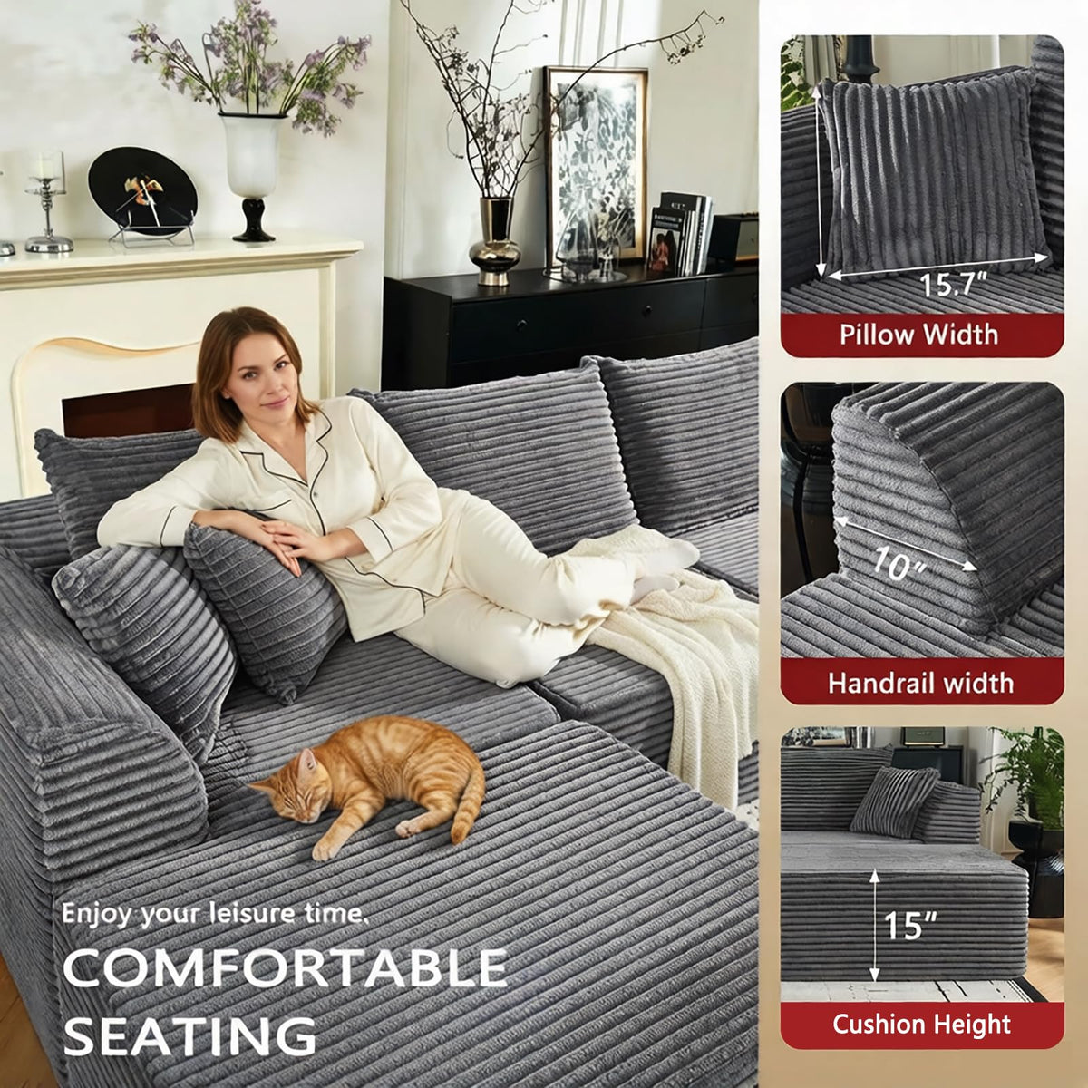 U Shaped Modular Sectional Couches for Living Room, 130" Cloud Modular Sectional Sofa Chaise, Fluffy Corduroy Couch with Deep Seat for Bedroom, No Assembly Required,Black
