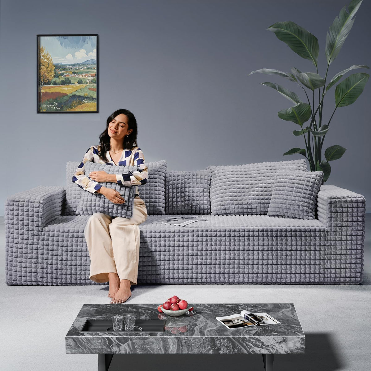 101" Couch for Living Room Furniture Diamond Boneless Sofa with 31-inch Extra Deep Seat, No Assembly, Gray