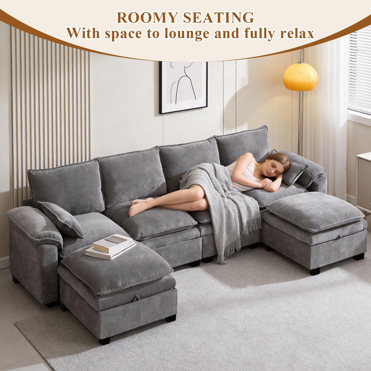 108" Modular Sectional Sofa with Storage Ottoman, Sectional Couches for Living Room, Chenille U Shaped Cloud Couch with Pillow, Deep Seater Sofa for Apartment, Light Gray