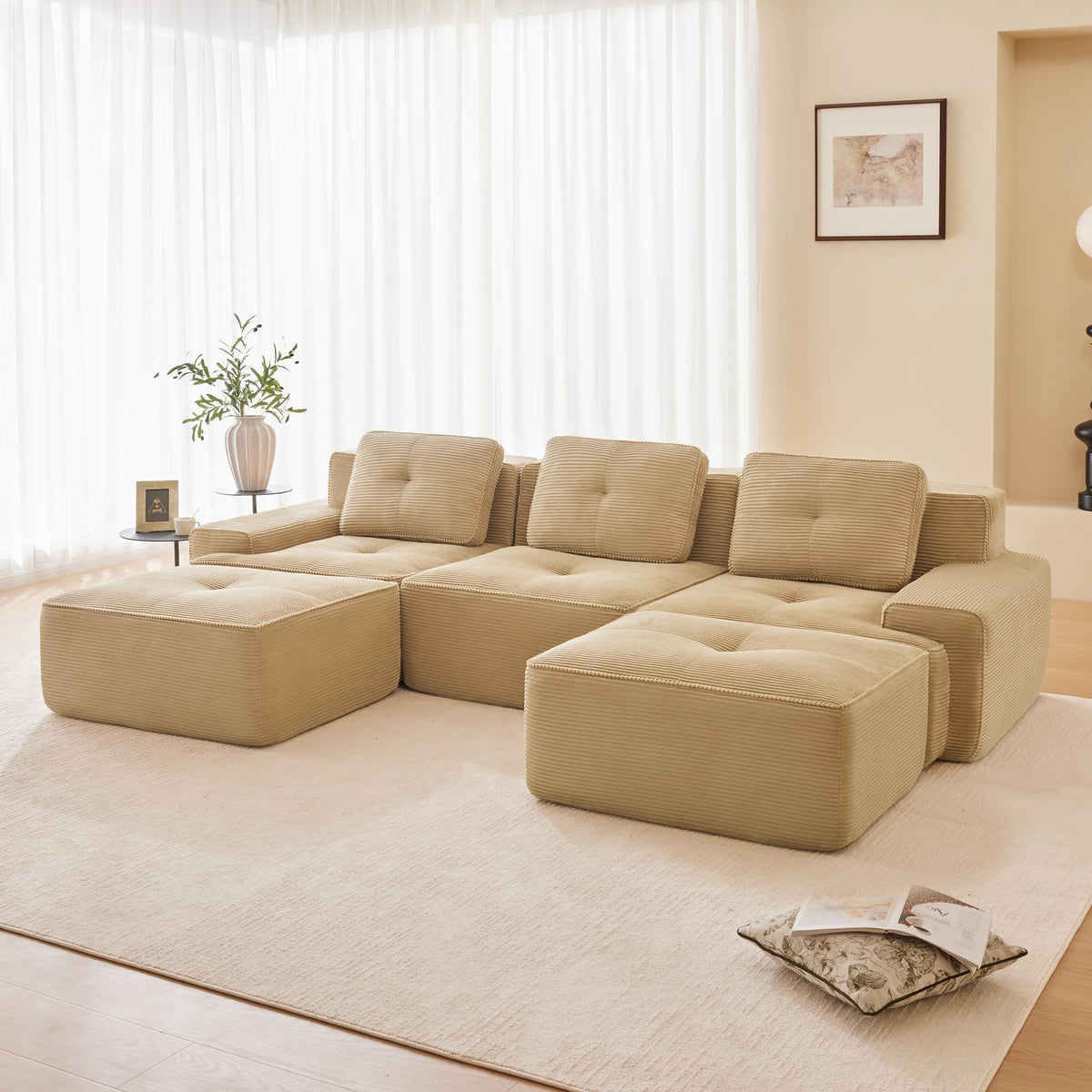Tidyard 11? Modern U-Shaped Modular Sectional Sofa for Living Room, Corduroy Fabric 3-Seater with Movable Ottoman, Deep Seat, Tufted Design, No Assembly, Anti-Slip Base, Camel