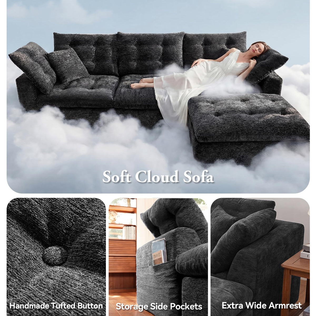 110" Oversized Cloud Sectional Boneless Couch, Modular Chenille L-Shaped Compressed Sofa with Ottoman & 3-in-1 Multi-Purpose Pillow, 3 Seater Memory Foam Couches for Living Room, Gray