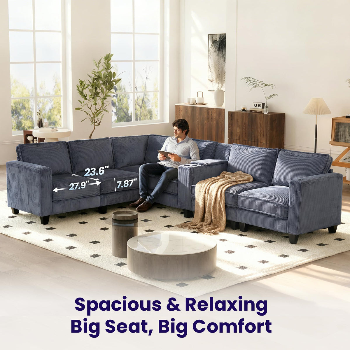 133" Oversized Modular 6-Seat Corduroy Sectional Sofa with Movable Storage Console, Cup Holder Armrests, Reconfigurable Seats for Living Room, Gray