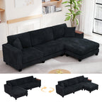 114" Cloud Sectional Couch with L-Shape Reversible Chaise, Modern Corduroy L Shaped Couch with 2 Pillows & Storage Armrests, 4 Seater Sectional Couches for Living Room, Plush Corduroy, Black