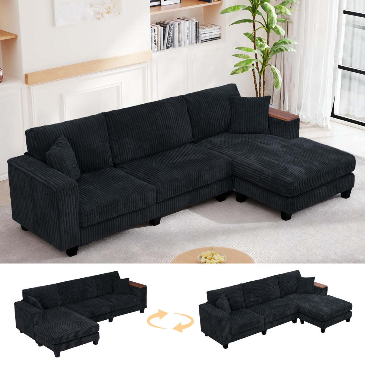 114" Cloud Sectional Couch with L-Shape Reversible Chaise, Modern Corduroy L Shaped Couch with 2 Pillows & Storage Armrests, 4 Seater Sectional Couches for Living Room, Plush Corduroy, Black