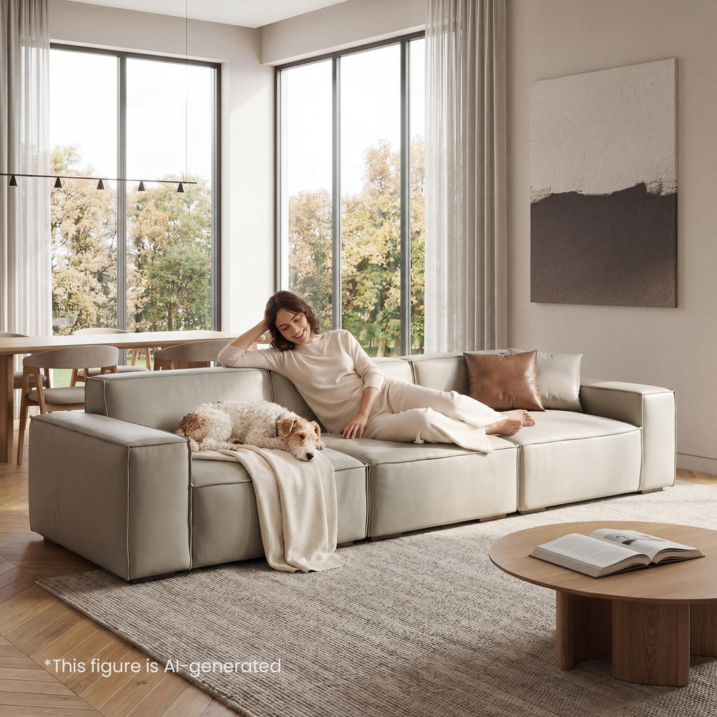 112.6" Modular Vegan Leather Sofa, Scratch-Resistant Deep Seat Couch with Solid Wood Frame, Modern 3-Seater Sectional Sofa for Living Room, Pet-Friendly Upholstered Sofa, Gray