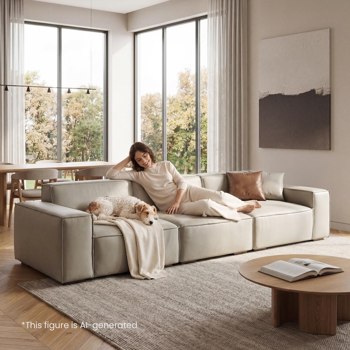 112.6" Modular Vegan Leather Sofa, Scratch-Resistant Deep Seat Couch with Solid Wood Frame, Modern 3-Seater Sectional Sofa for Living Room, Pet-Friendly Upholstered Sofa, Gray