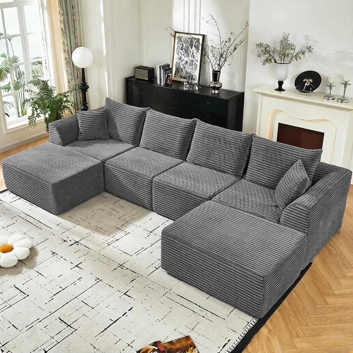 U Shaped Modular Sectional Couches for Living Room, 130" Cloud Modular Sectional Sofa Chaise, Fluffy Corduroy Couch with Deep Seat for Bedroom, No Assembly Required,Black