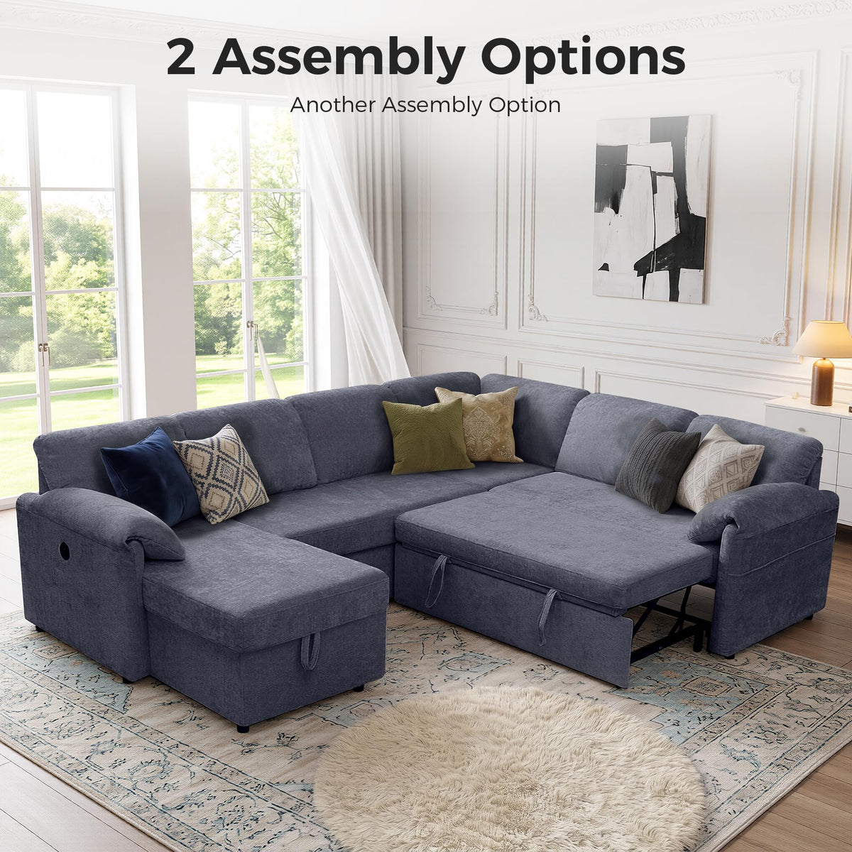 Tbfit 107" U-Shaped Sectional Sleeper Sofa, 7-Seat Sofa with USB & Storage Chaise for Family Rooms, Gray