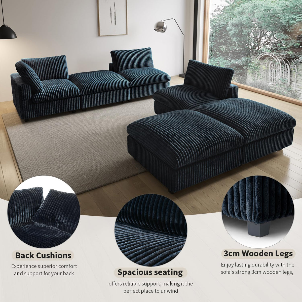 WJShome Cloud Couch Modular Sectional Sofa,118" Oversized V Shaped Sofa with Storage Ottoman for Living Room,Plush 6 Seater Convertible Sectional Couch,Covers Washable&Replaceable,Black