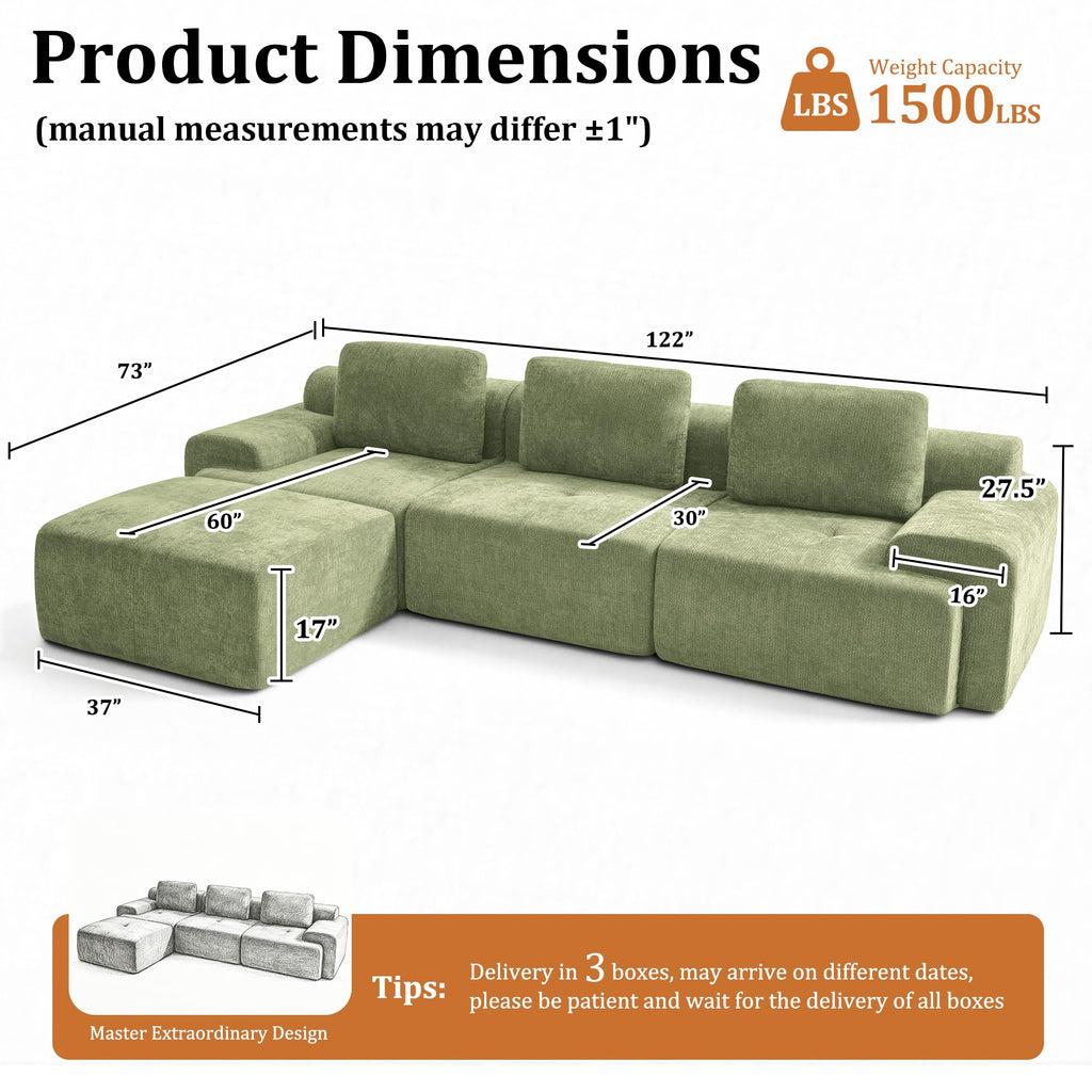 122" L-Shaped Modular Sectional Sofa, Oversized Boneless Cloud Couch for Living Room with Extra Deep Seat & High Back, Tool-Free No Assembly, Soft Chenille (Olive Green, 122 inch-L Shaped（3+1）)