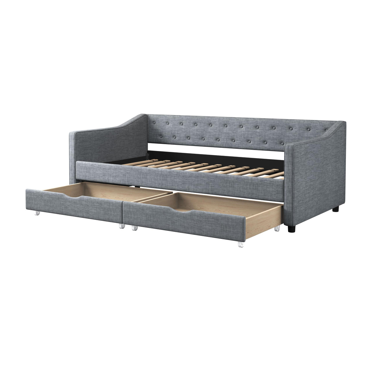 Twin Size Daybed with Drawers Upholstered Tufted Sofa Bed, with Button on Back and Piping on Waved Shape Arms Light Grey FC954