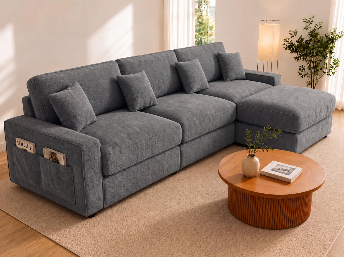 WEUP 148" Modular Sectional U Shaped Sofa Couches,Oversized Cloud Couch with Movable Ottoman,Comfy Chenille Sofa with Pillow,Side Pockets,for Living Room,Bedroom,Apartment,Beige