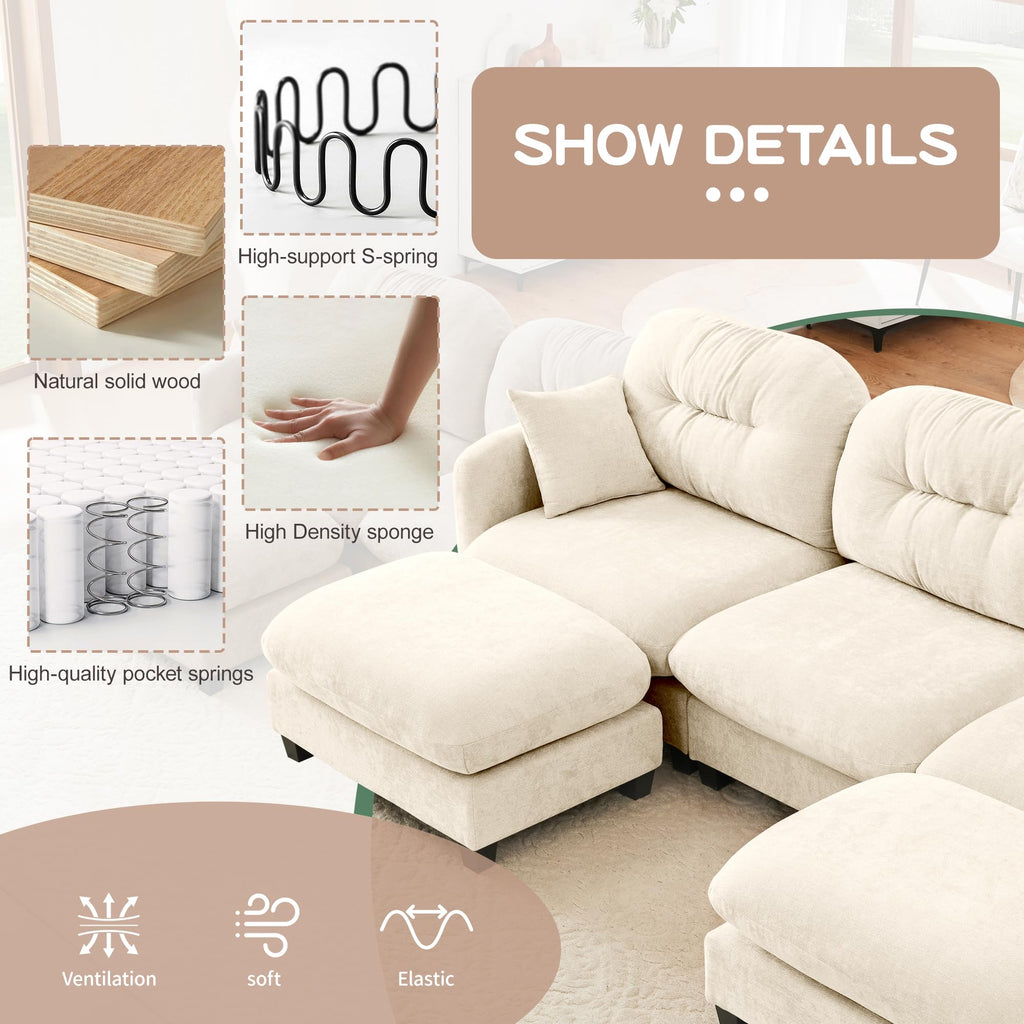 107-Inch L-Shaped Modular Convertible Sectional Sofa W/Removable Ottoman Chaise, Modern Chenille Upholstered Corner Cloud Couches 4 Seat Sectional Sofa for Living Room