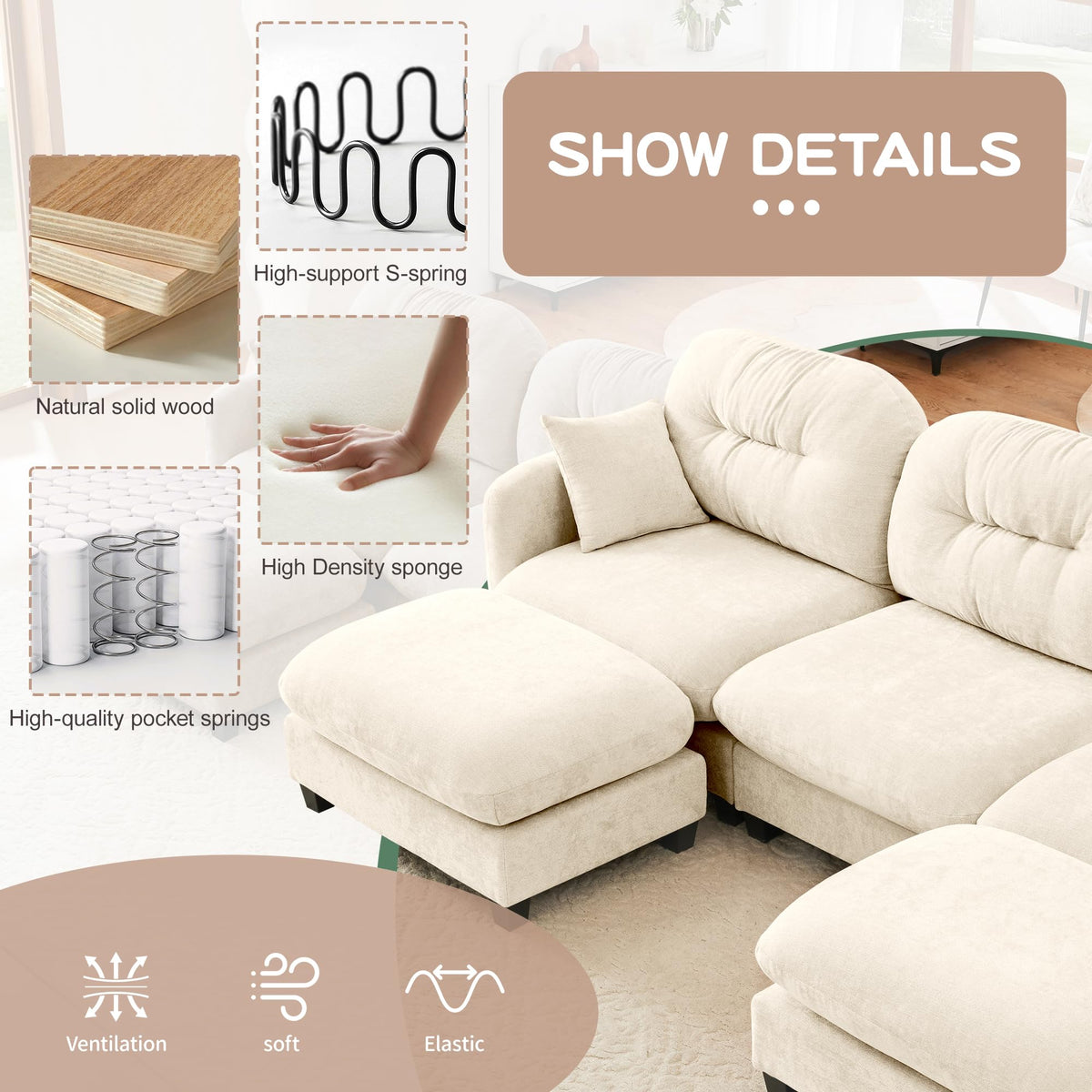 Tidyard Cloud Sectional L-Shaped Couch with Ottoman, Soft Chenille Fabric, Tufted Backrest, High-Density Foam, for Living Room Bedroom Reading Nook, Beige