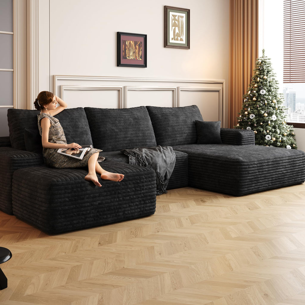 107" Plush Corduroy Deep Seat Chaise Lounge Indoo, Modern Boneless Compressed Floor Sectional Sofa with High-Resilience Foam, Free Combination Modular Cloud Sectional Sofa for Living Room, Black