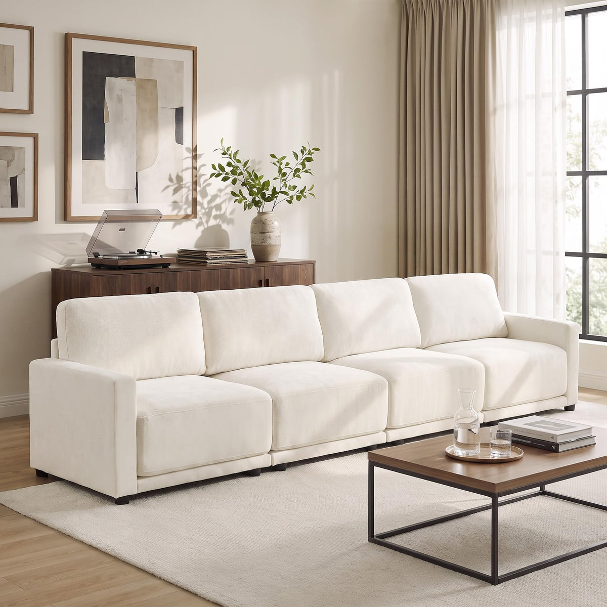 110.6" Modular Sectional Sofa with Ottoman, Upholstered L Shaped Sectional Couch with Thick Cushions, Oversized Chenille Comfy 4 Seater Sofas for Living Room, Easy Assembly, White