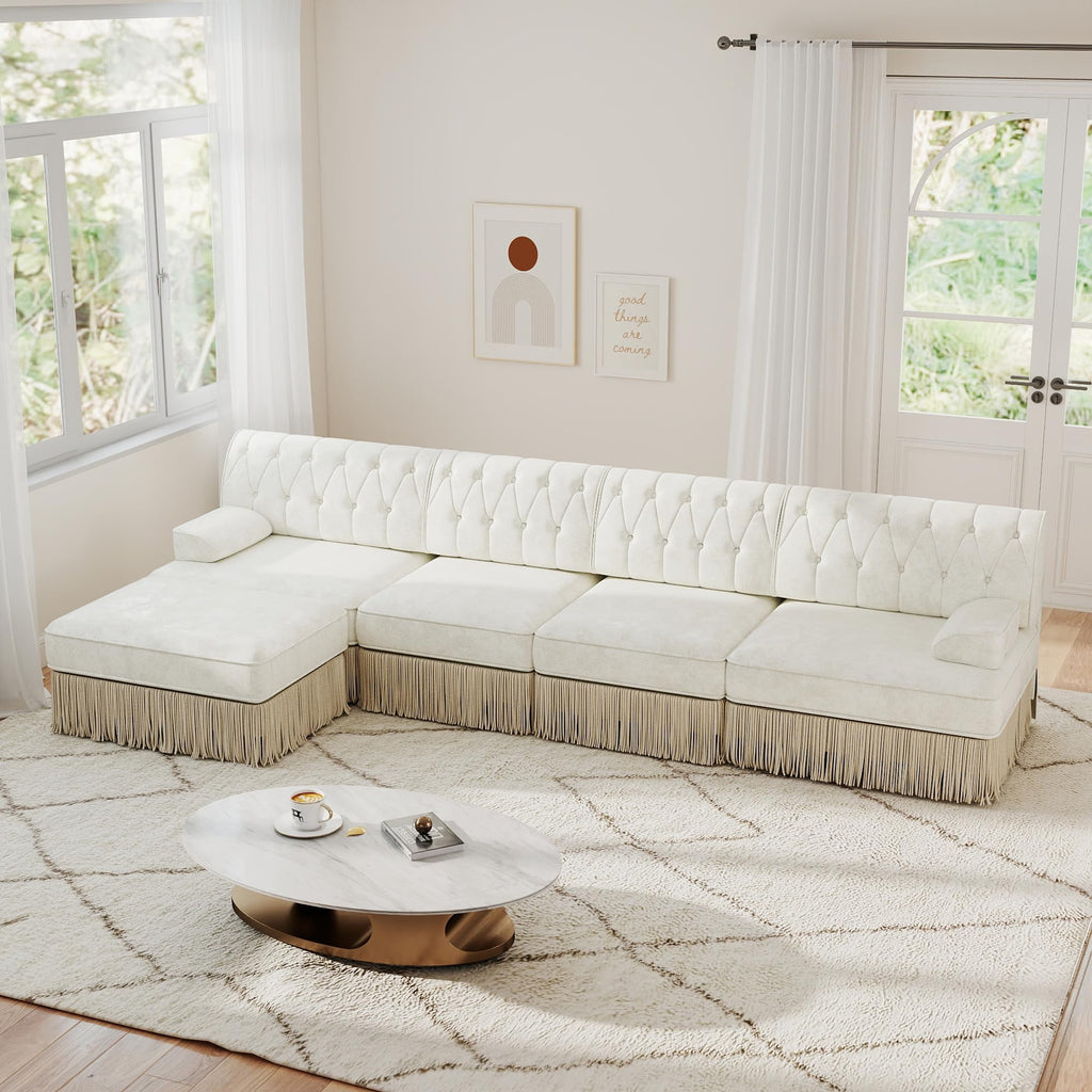 Unique Chesterfield Style Modular Sectional Sofa, 135.6” L-shaped Boneless Sofa with Velvet Fabric, Floor-grazing Tassel Fringe Skirt and Button Tufted Design for Living Room, Easy to Assemble, Beige